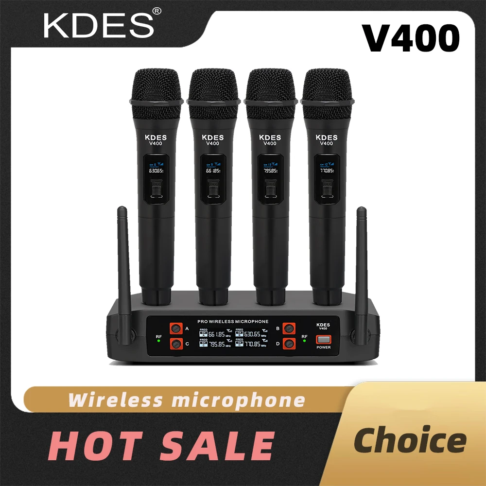 

KDES V400 Wireless Microphone Handheld 4 Channel UHF Fixed Frequency Dynamic Microphone For Karaoke Wedding Party Band Church