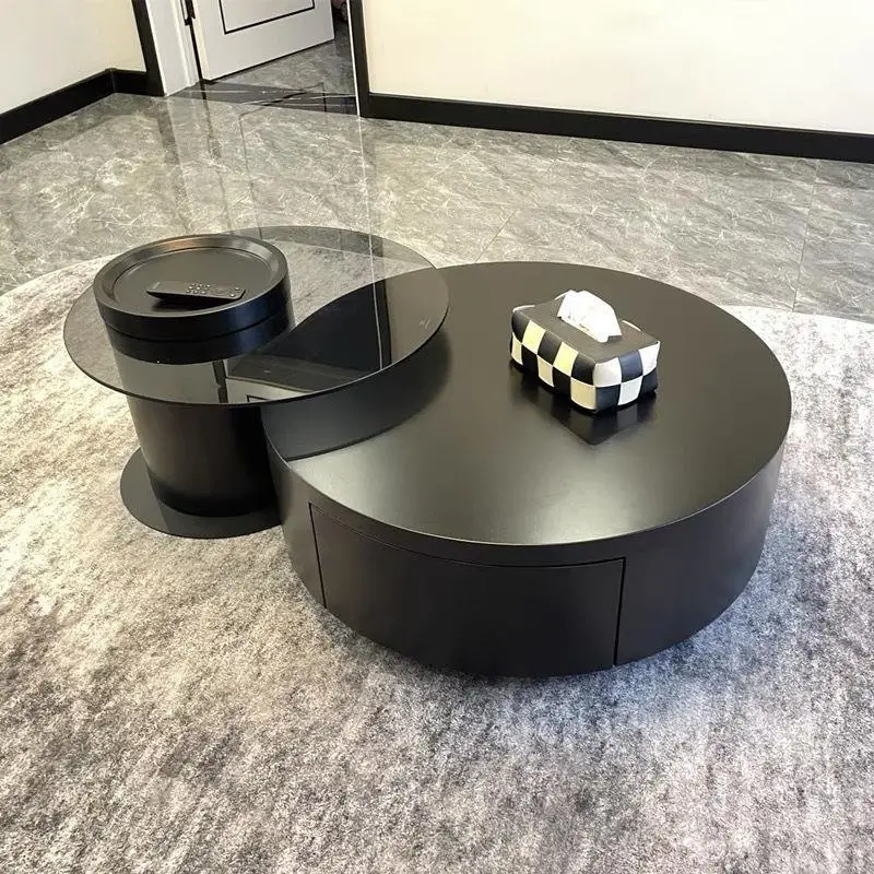 Solid wood, pure black slate, round small apartment, toughened glass telescopic combination, high-end coffee table.