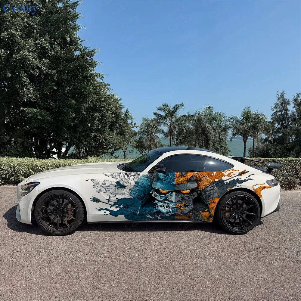 2pcs Ice & Fire Twin Samurai Oni Mask Car Side Wraps, Self-Adhesive PVC Waterproof & Scratch-Resistant Stickers, Car Accessory