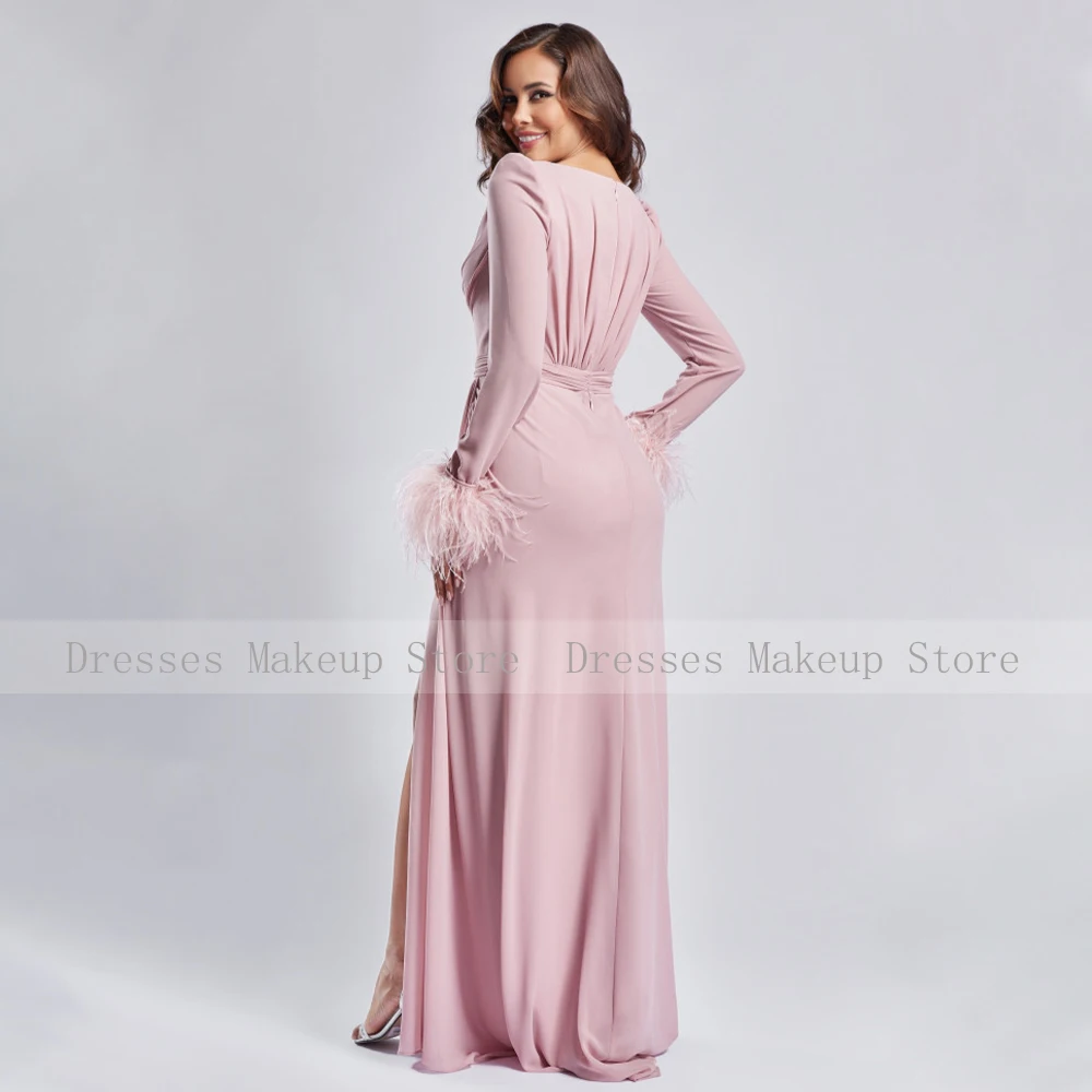 Peach Pink Evening Dress for Women 2023 Long Sleeves Feather Elegant  Gowns  Wedding V Neck Sheath/Column Prom Dresses