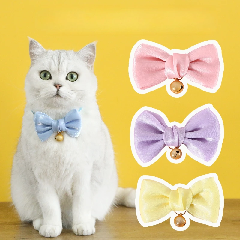 Niedliche farbige Kitty-Halskette, perlmuttfarbenes Anti-Erstickungs-Katzenhalsband, Schleife mit Glöckchen, Samt, Pflegezubehör, Haustierhalsband, Katze, Hund