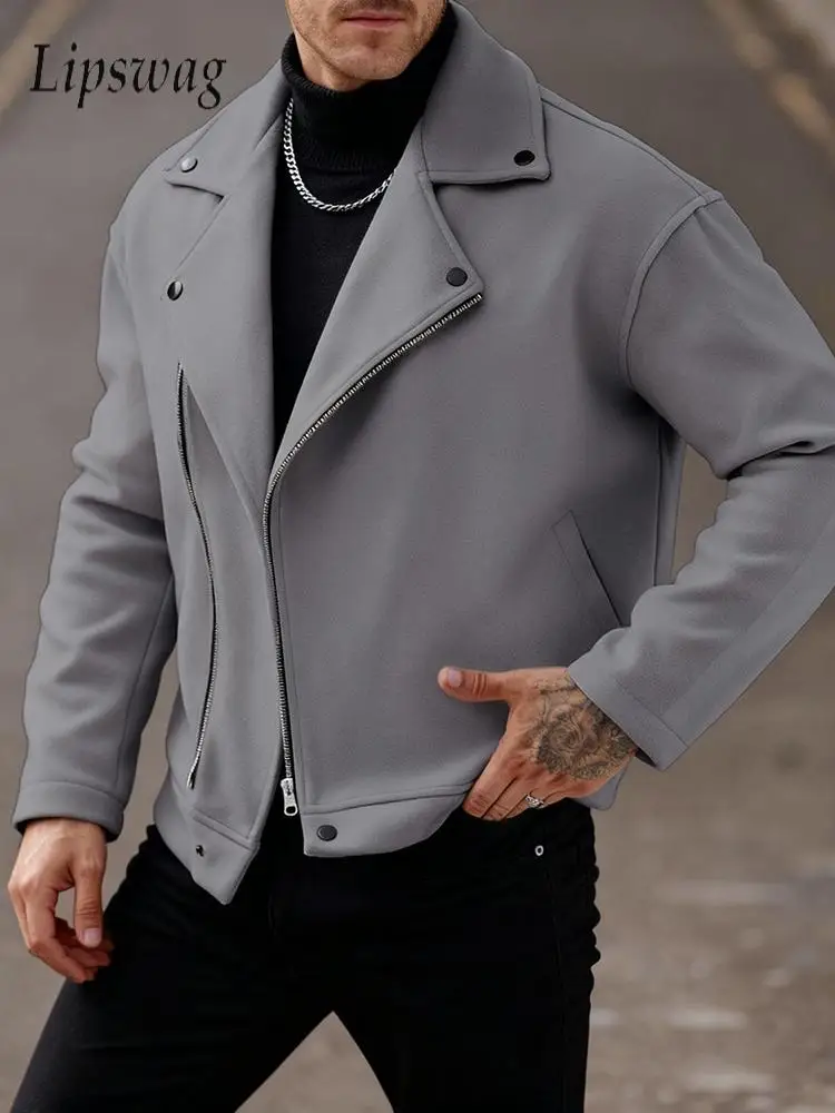 

Vintage Woolen Blend Jacket Coat Mens Moto Biker Style Zip-up Jackets Autumn Winter Vintage Lapel Long Sleeve Solid Color Coats