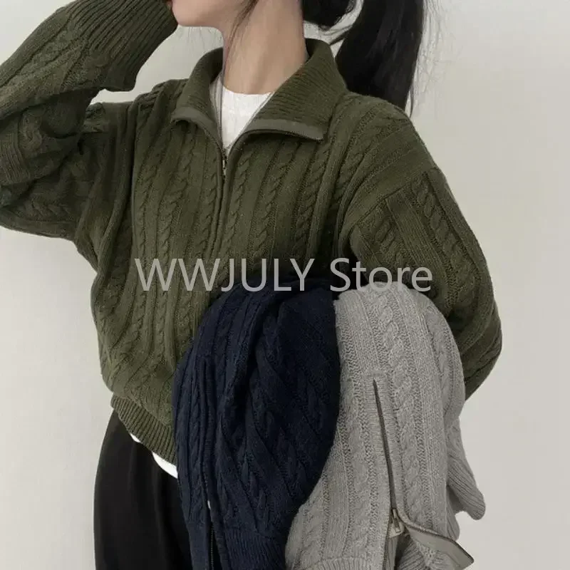 2024 Korean Fashion Half Zipper Sweaters Women Vintage Twisted Knitted Crop Pullover Casual Sueter Mujer Long Sleeve Tops