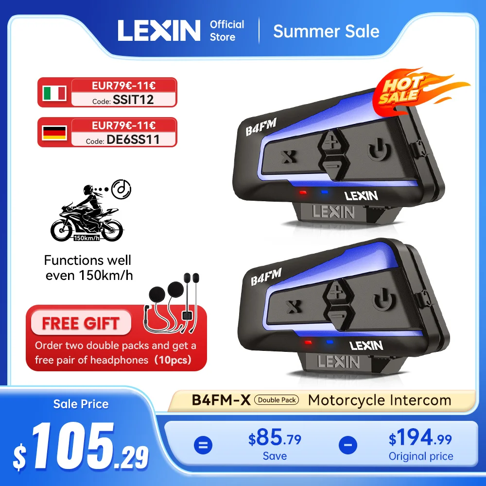 Lexin B4FM-X Bluetooth Motorcycle Intercom Helmet Headsets,BT 5.0 Wireless Communication Interphone Music Sharing 10 Riders