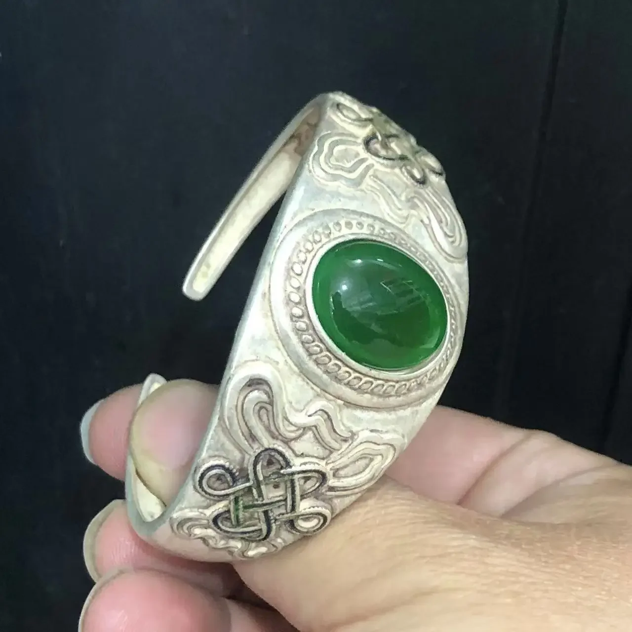 Vintage Adjustable Silver Cuff Bracelet Carved Traditional Knot Motif Large Smooth Green Stone Ethnic Statement Wrist Ornament