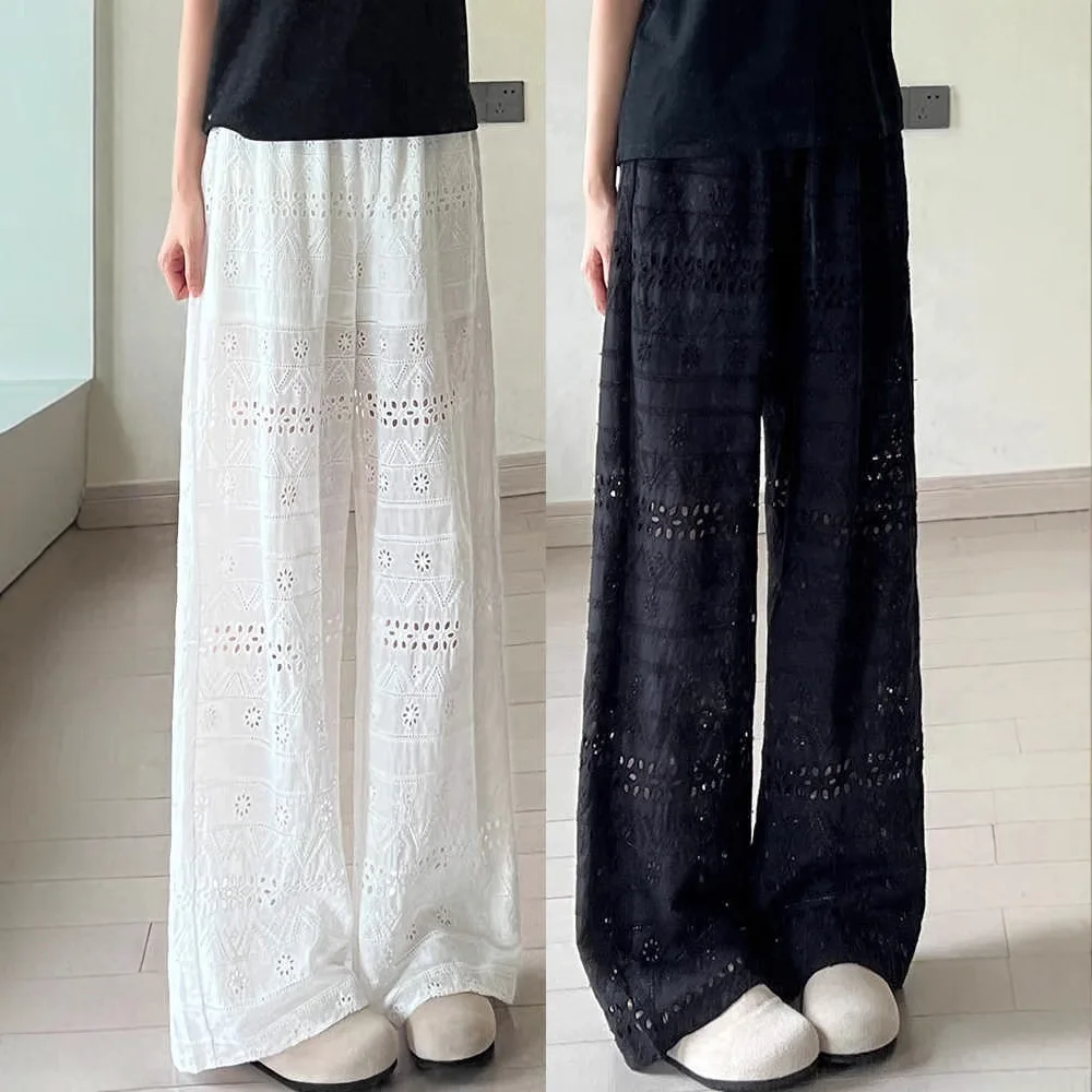 

White Wide-leg Pants Women's Summer 2025 New Fashion Thin Hollow Lace Straight Pants