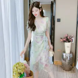 패션 프린트 러플 퍼프 소매 언밸런스 플로럴 드레스 여성 의류 여름 신상 슬림 엘레강스 비대칭 파티 드레스