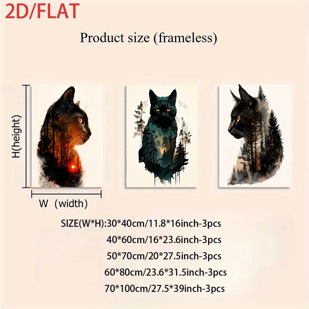 1 set of frameless decorative paintings featuring black cats in a forest, animal and landscape art, 2D flat design.