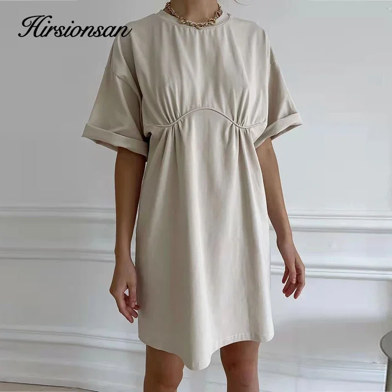 Hirsionsan Soft Cotton T Shirt Dresses Women Summer Harajuku High Waist A Line Mini Dress Female Long Tees Casual Loose Clothes