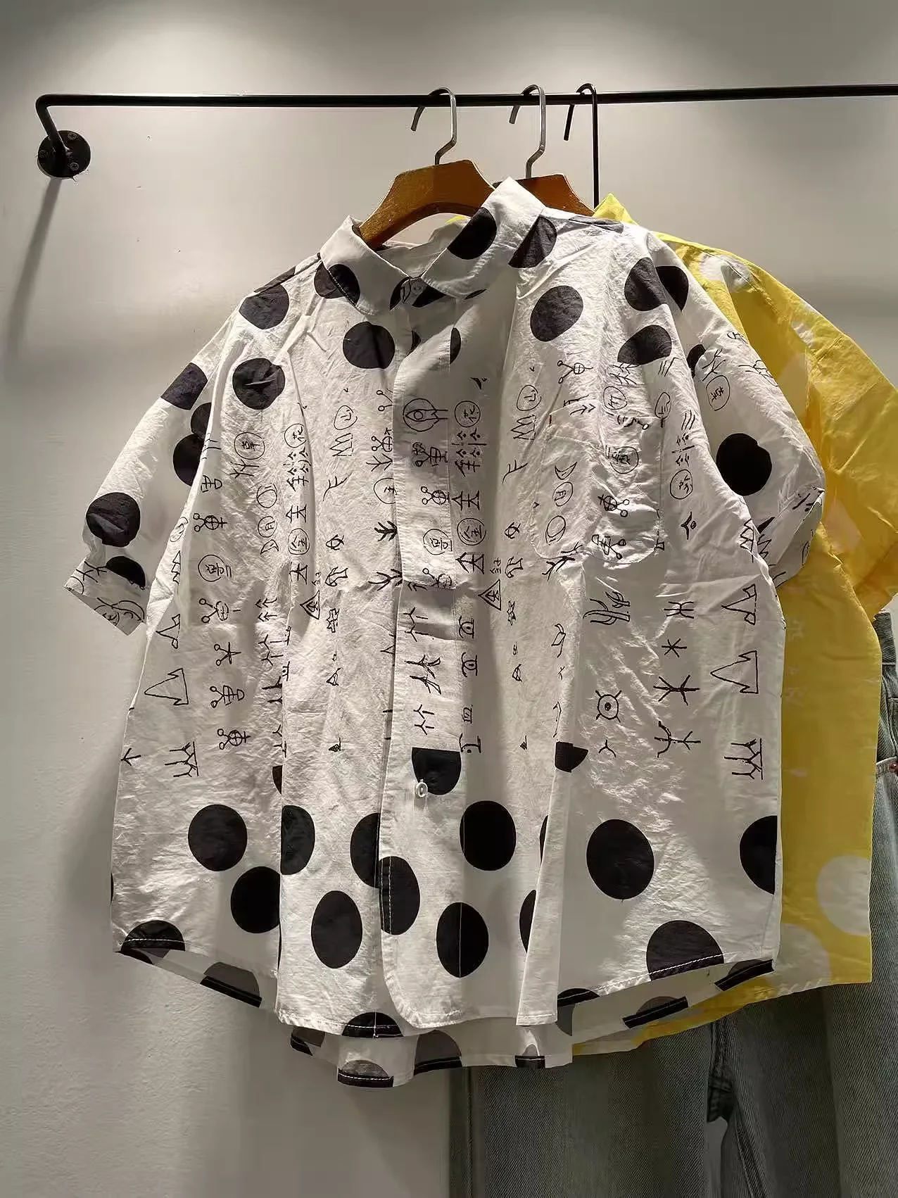 

Bust 126cm Japanese style clothes 100% Cotton yellow white polka dot print shirts and blouses for women summer large size tops