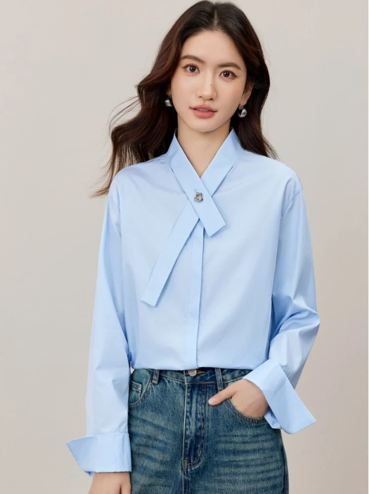 

SENTUBILA Women's Casual Shirts Cotton 2025 Autumn Luxury Stand Collar Short-front-long-back Hem Tops Women's Clothing 153CM3099