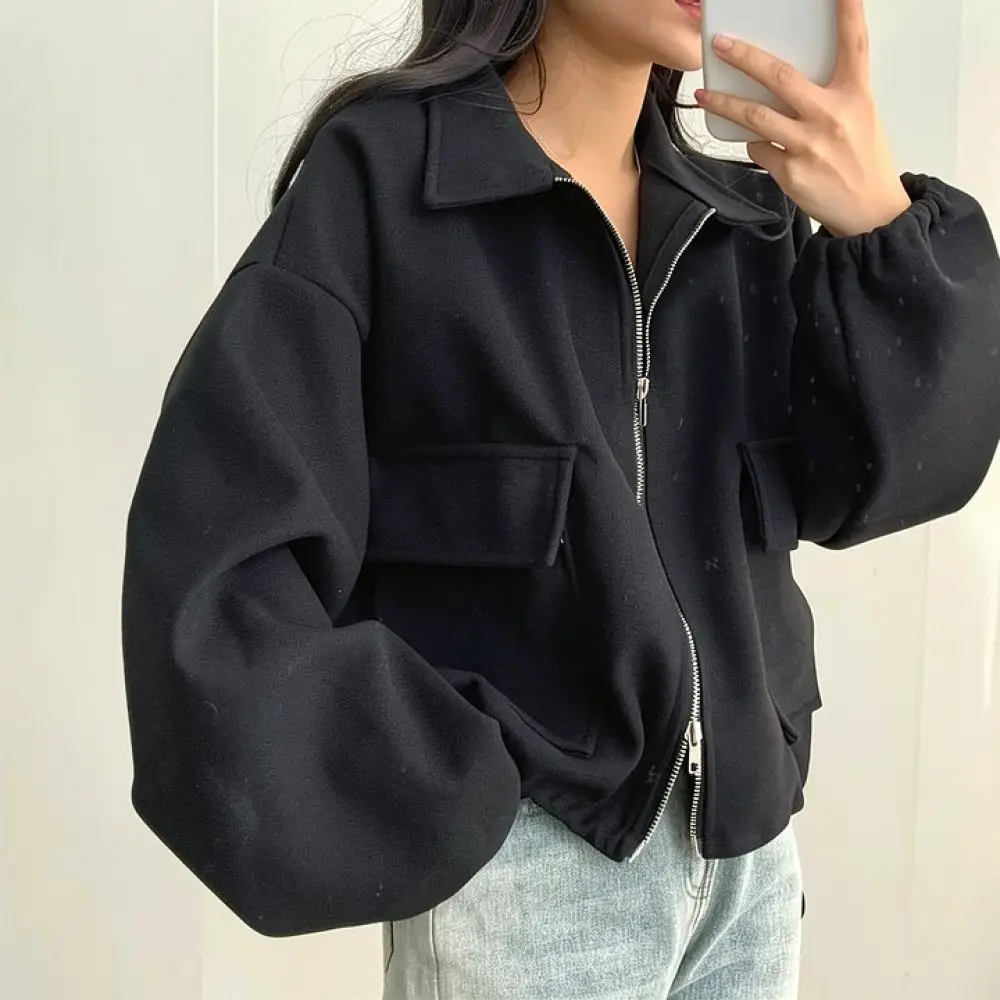 Womens Short Coat French Style Casual Jacket Loose Fit Turn Down Collar Zip Up Drawstring Waist Slimming Clothing