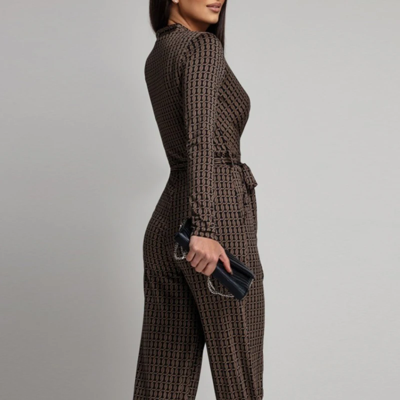 

Новый модный женский комбинезон 2026 года с V-образным вырезом, шнуровкой, принтом, длинными рукавами, повседневный, для отпуска, с завышенной талией