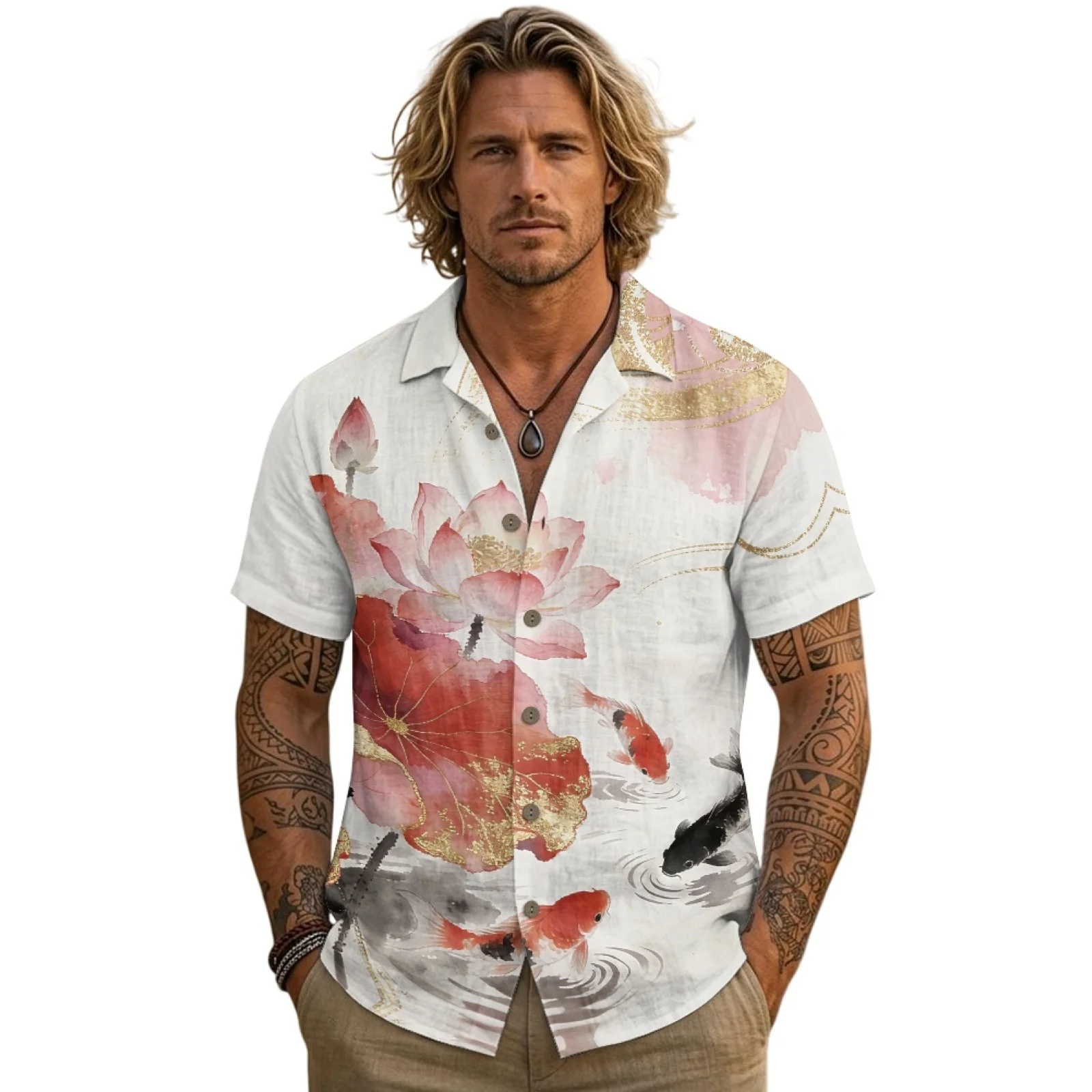 PENSTROLL Loose Linen Style Man Outfit Set Turn-down collar Button Up Top for Beach Vacation Lotus Koi Fish Print
