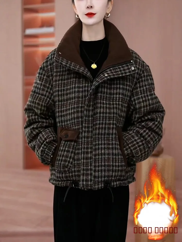 

Ladies Thiened Cotton Jaet Winter New Sle Warmth Outerwear Loose Plaid Design Korean Sle Long Sve Zipper Closure