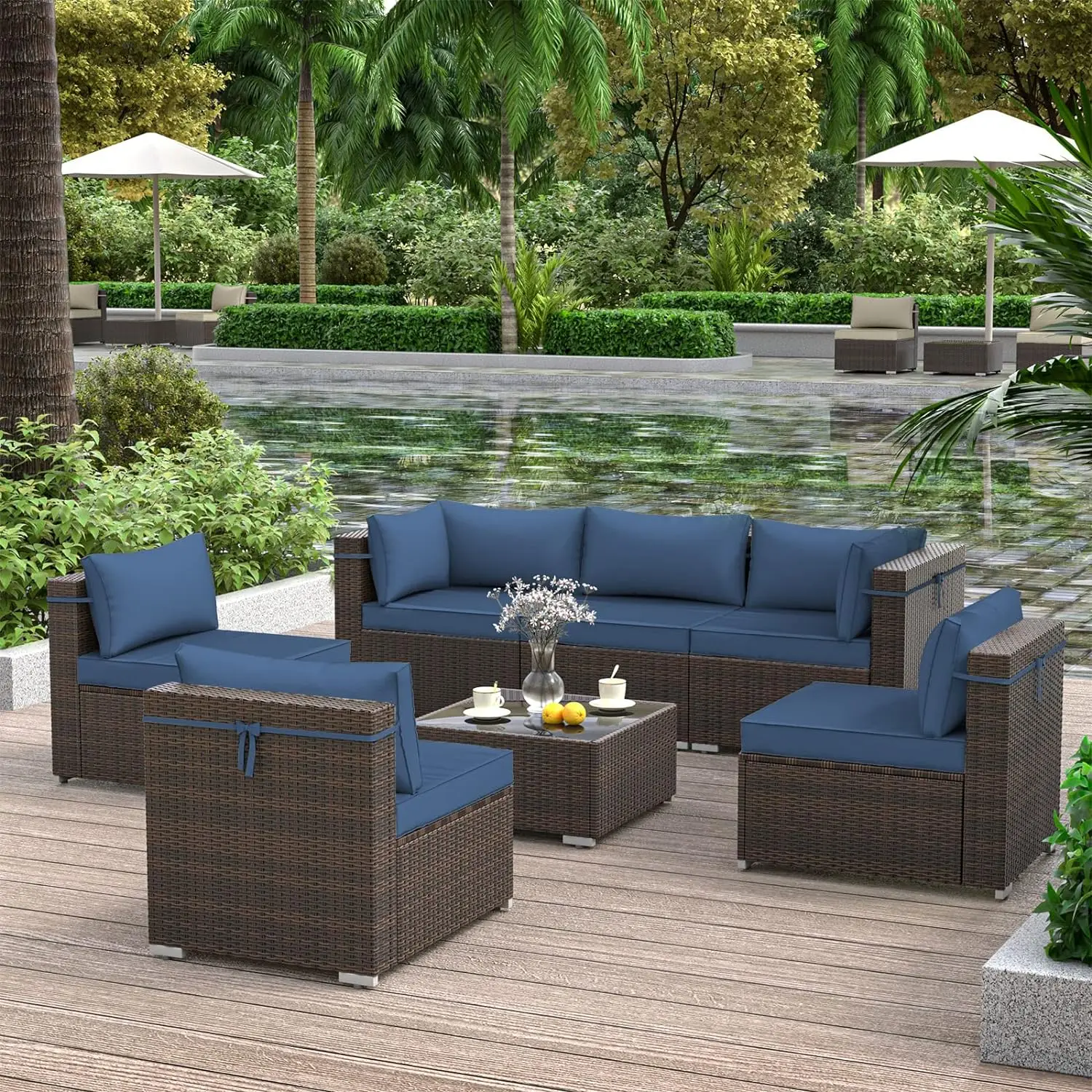Terrassen möbel Set 7 Stück Rattan Sofa Set, Pe Rattan Korb Terrasse Gespräch Set mit 6 Sitzkissen