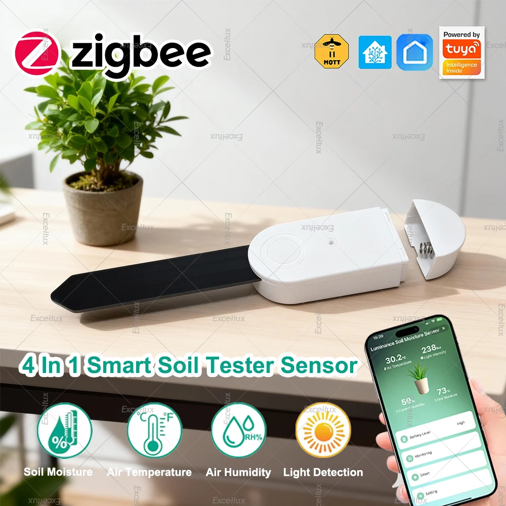 4-in-1 Zigbee-Bodenfeuchtesensor, Feuchtigkeitsmesser, Temperaturtester, Lichtstärke-Messgerät, kompatibel mit Tuya Smart Life Z2MQTT-Hub.