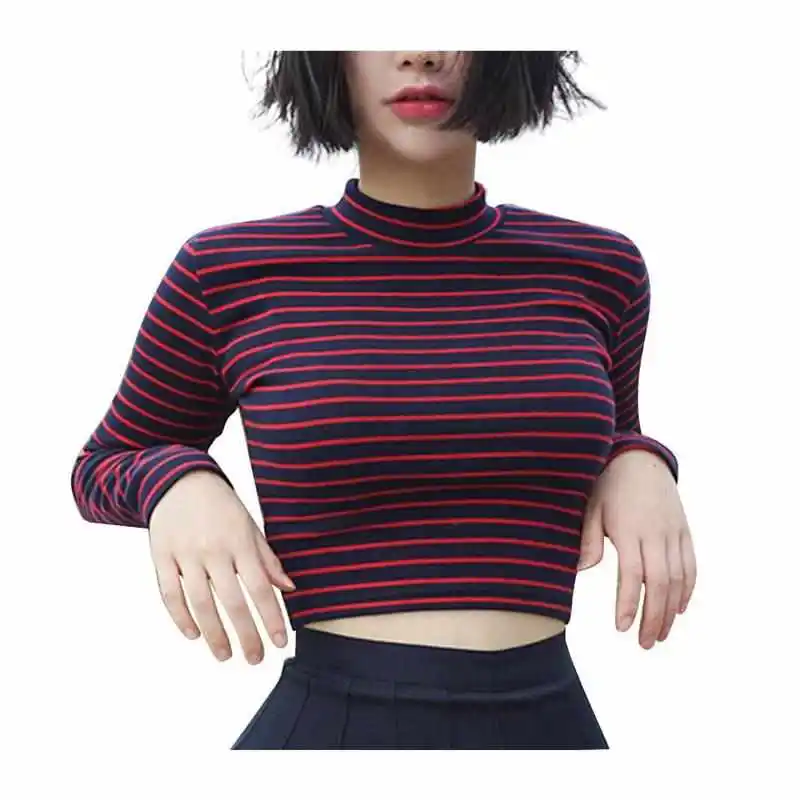 

Женская длинная футболка Turtlene Slim Fit, модная городская хлопковая смесь, длинная полосатая внутренняя одежда, повседневный топ