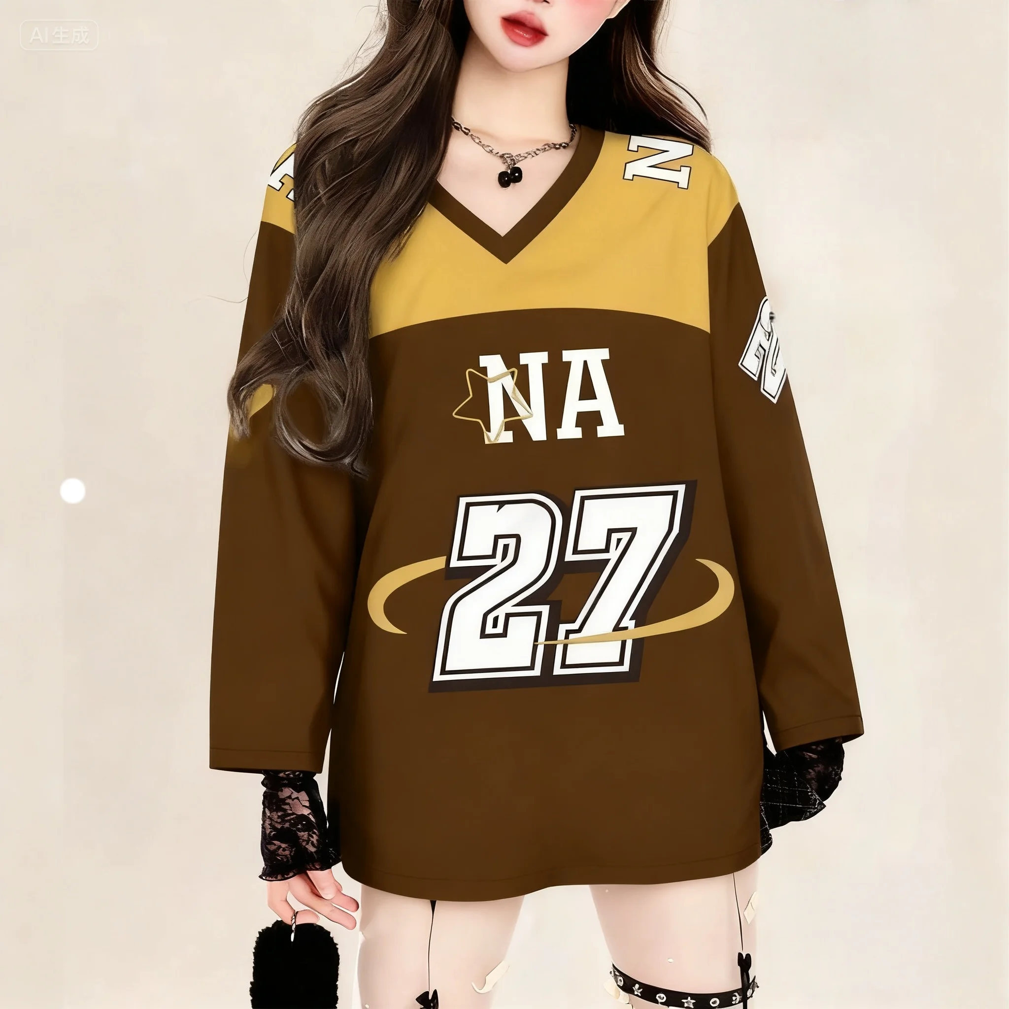 

Spring and Autumn Winter Long Sleeve T-shirt American Cool Women's 24 Jersey Version Street Y2K Lazy Style 3D Large Adult Top