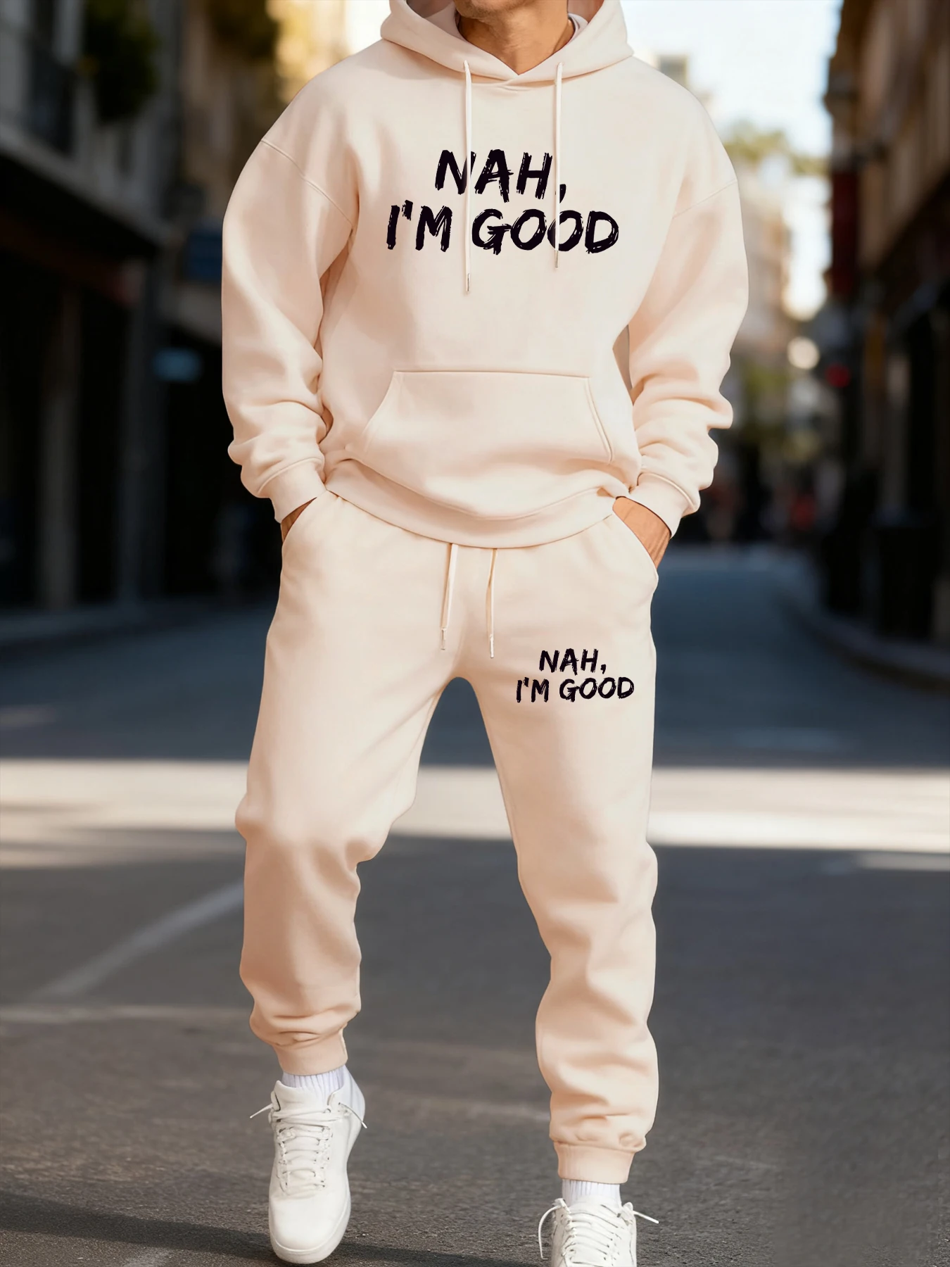 Nah I’m Good Print Men’s 2‑Piece Hoodie Set, Fleece Pocket Sweatpants, Comfortable Sporty Jogging Streetwear Fashion Outfit view 5