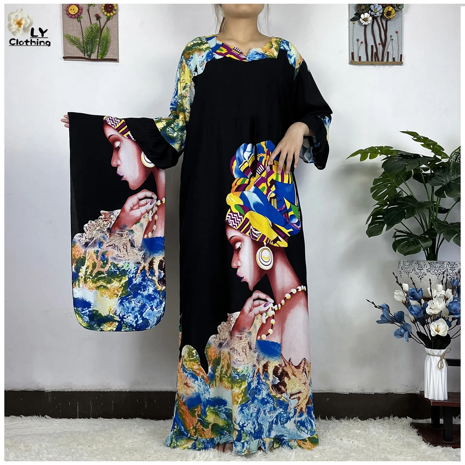 Muslim Long Sleeve Cotton Abayas For Women Islam Traditional Print Floral Femme Robe African Nigeria Traditional Women With Hija