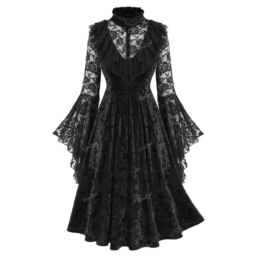 

ROSEGAL-Plus Size Gothic Party Dresses for Women, Floral Lace Panel, Flare Sleeves, Ruffles, Velvet Buttons, Autumn