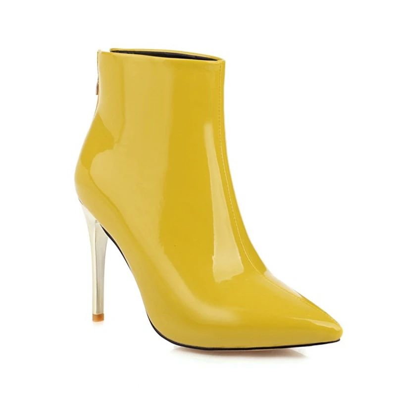 SIMLOVEYO Women Ankle Boots Pointed Toe 10cm High Thin Heels Patent Leather Sexy Yellow Big Size 48 A3280