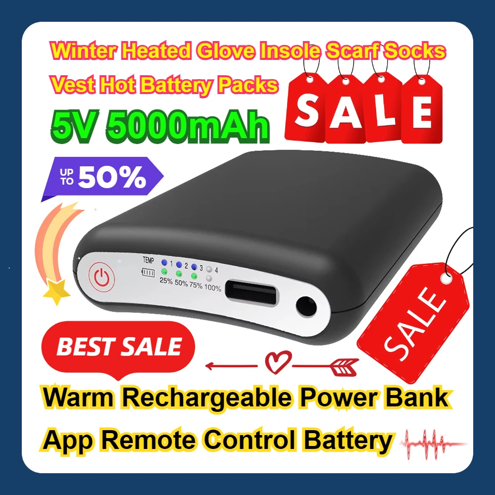 

Winter Heated Glove Insole Scarf Socks Vest Hot Battery Packs Warm Rechargeable Power Bank App Remote Control Battery 5V 5000mAh