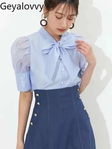 Original Japanese Style Commuting Bubble Short Sleeve Shirt Solid Color Girls Chiffon Top Bow Tie Women's Blouses Summer