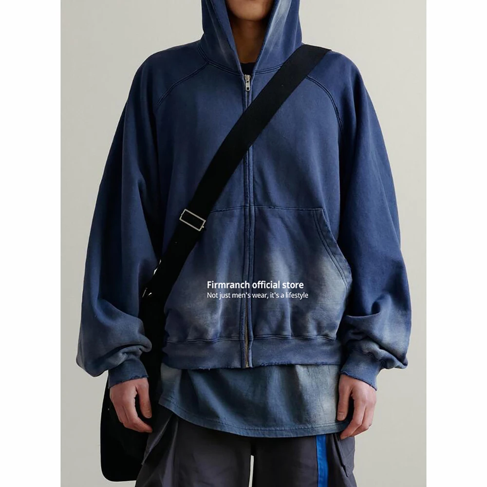 

Firmranch 2023 Korean Archive Fashion Dark Blue Zip Up Hoodie Men Women Washing Old Oversized Sweatshirt Spring Autumn Outfits