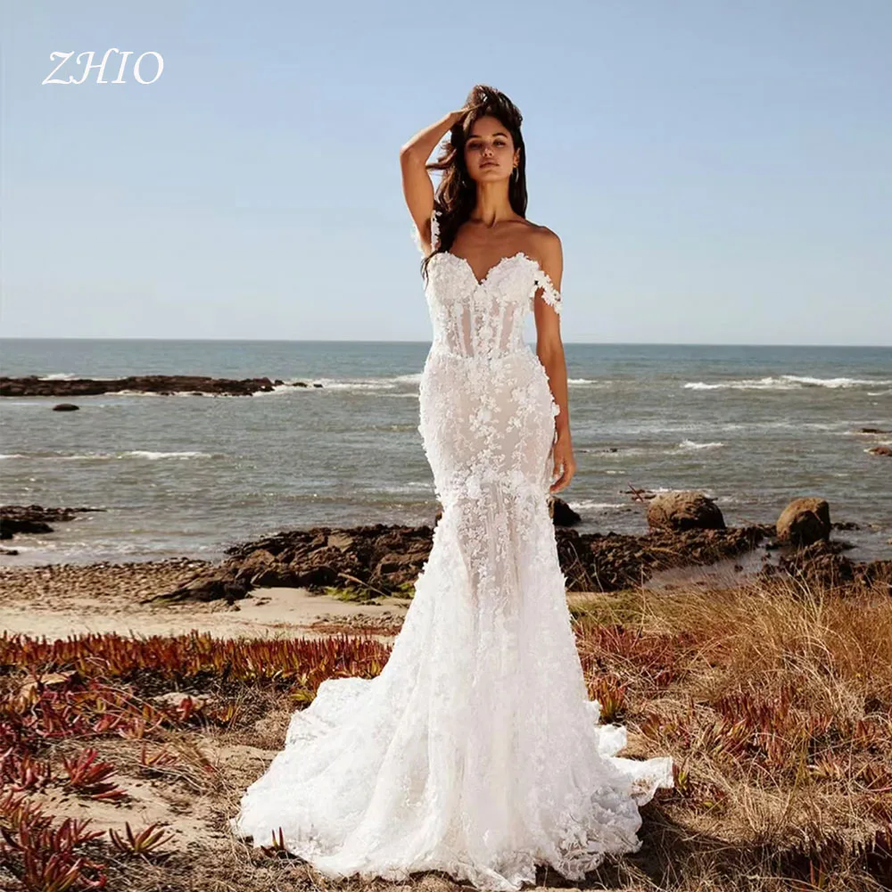 ZHIO Elegant Appliques Wedding Dress Off Shoulder Corset Mermaid Sweep Train White Tulle Bridal Gown Customized Robe De Mariée