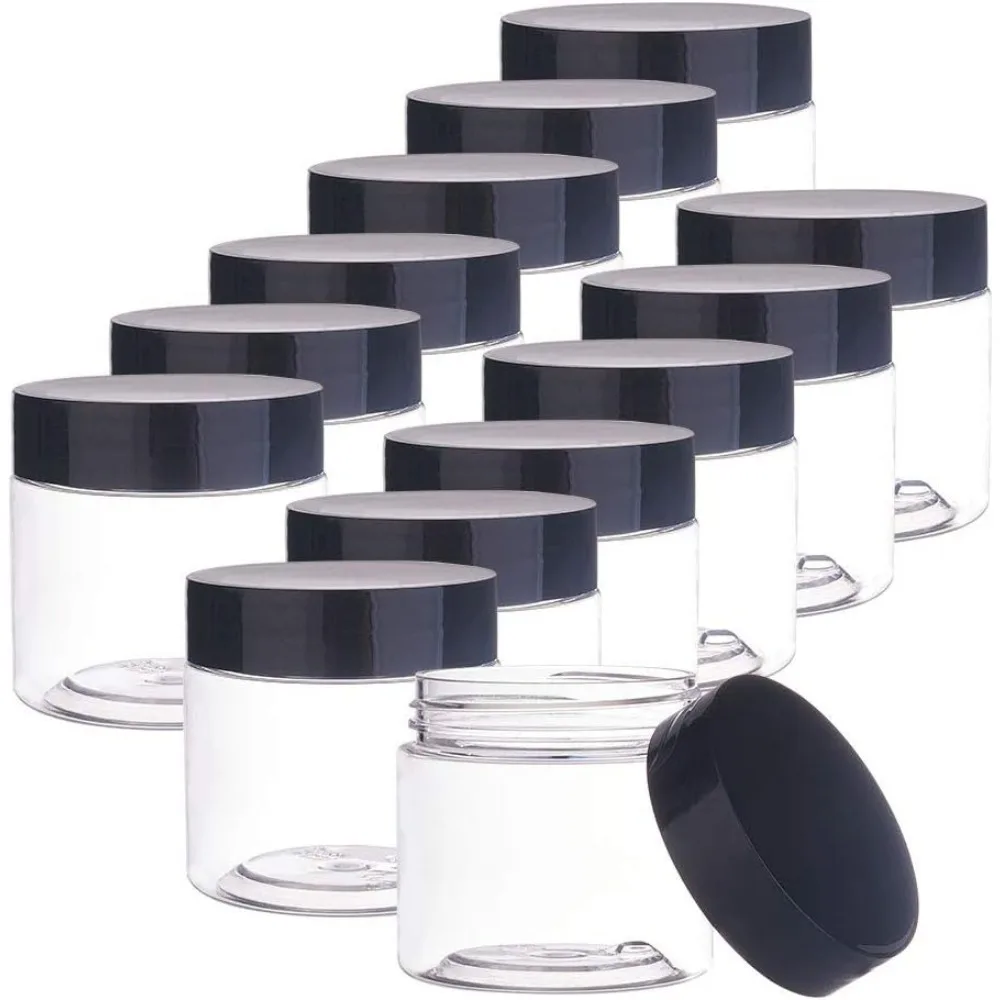 18 pcs 60ml(2 Oz) Empty Clear Plastic Slime Storage Favor Jars Wide-Mouth Sample Containers Round Cosmetic Travel Pot with Black