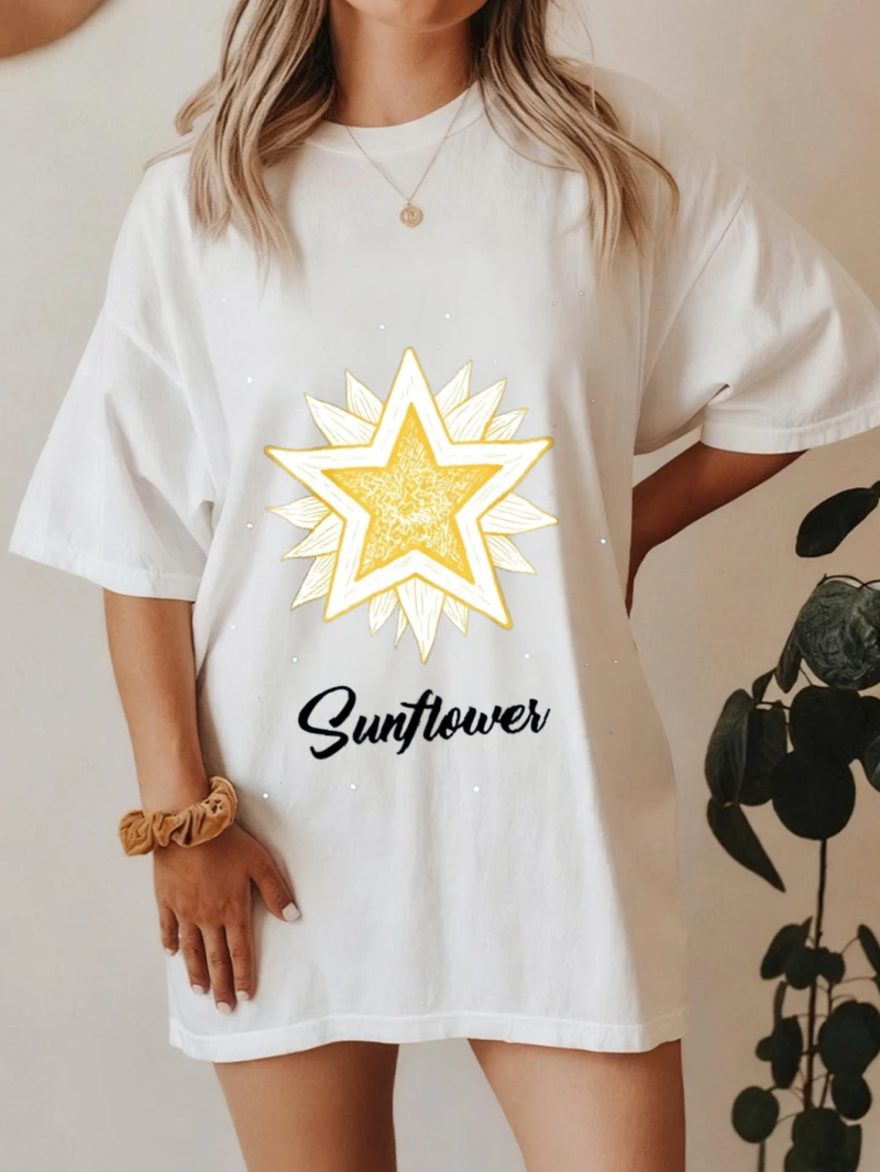 

Женская свободная белая футболка с короткими рукавами и принтом подсолнечника, звезды и текст подсолнечника, женский повседневный универсальный топ