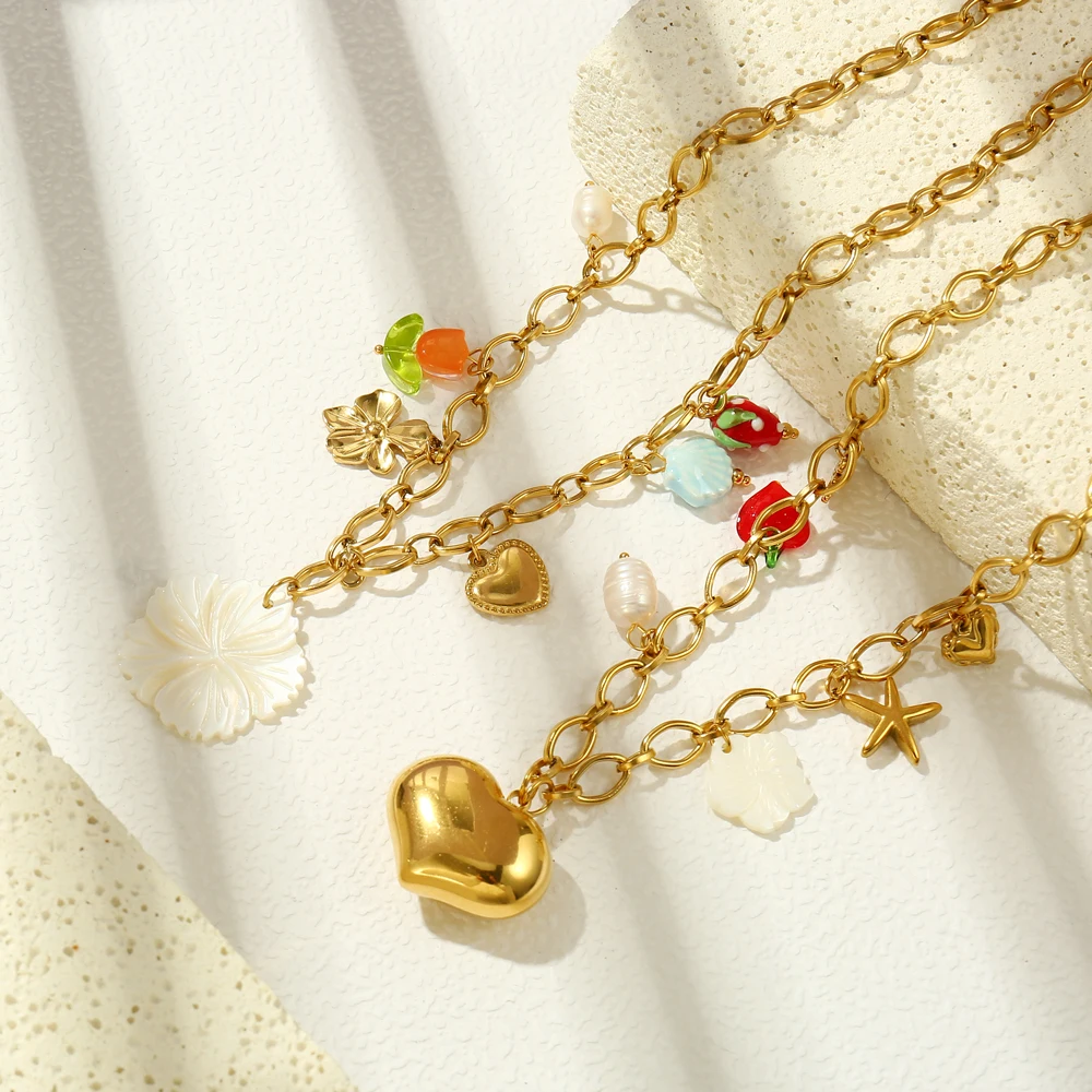 

Joya Love Fashion Stainless Steel Hearts Flower Tulip Shell Multiple Pendant Necklace For Women Girls Chain Choker Jewelry Gift