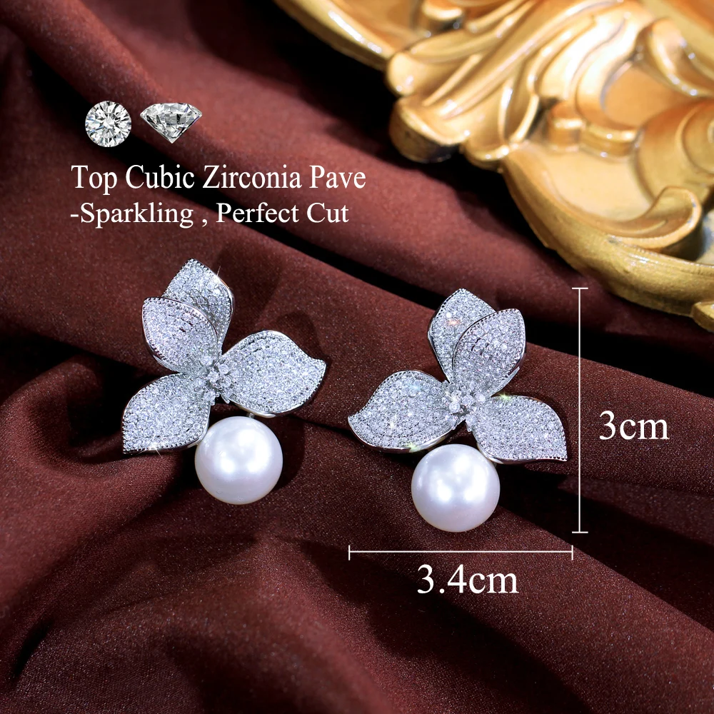 BeaQueen الساحرة الكاملة زركون معبد زهرة كبيرة اللؤلؤ الأبيض وأقراط للنساء الذكرى هدايا عيد الأم E1150