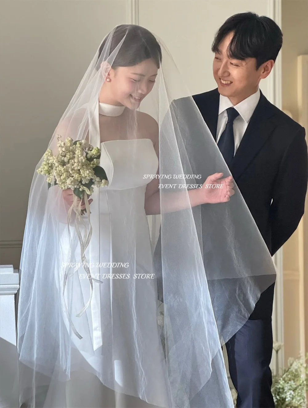 ชุดแต่งงานทรงเมอร์เมดสีไอวอรี่แบบสเปรย์  ชุดถ่ายภาพสไตล์เกาหลี  แบบไร้สาย ไร้แขน  ชุดเจ้าสาวทรงคอร์เซ็ท  สามารถสั่งตัดได้  웨딩드레스 2026