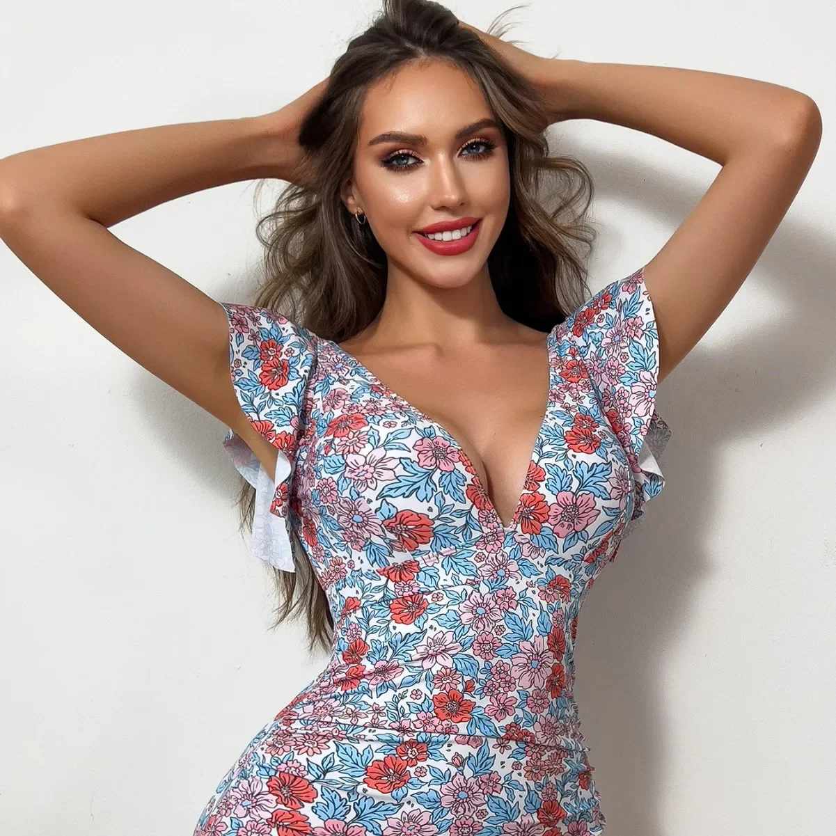 2025 Women Open Back Ruffle Monokini Women's Slimming Floral Printed One-Piece Swimsuit Tummy Control One Piece Bodysuit Summer