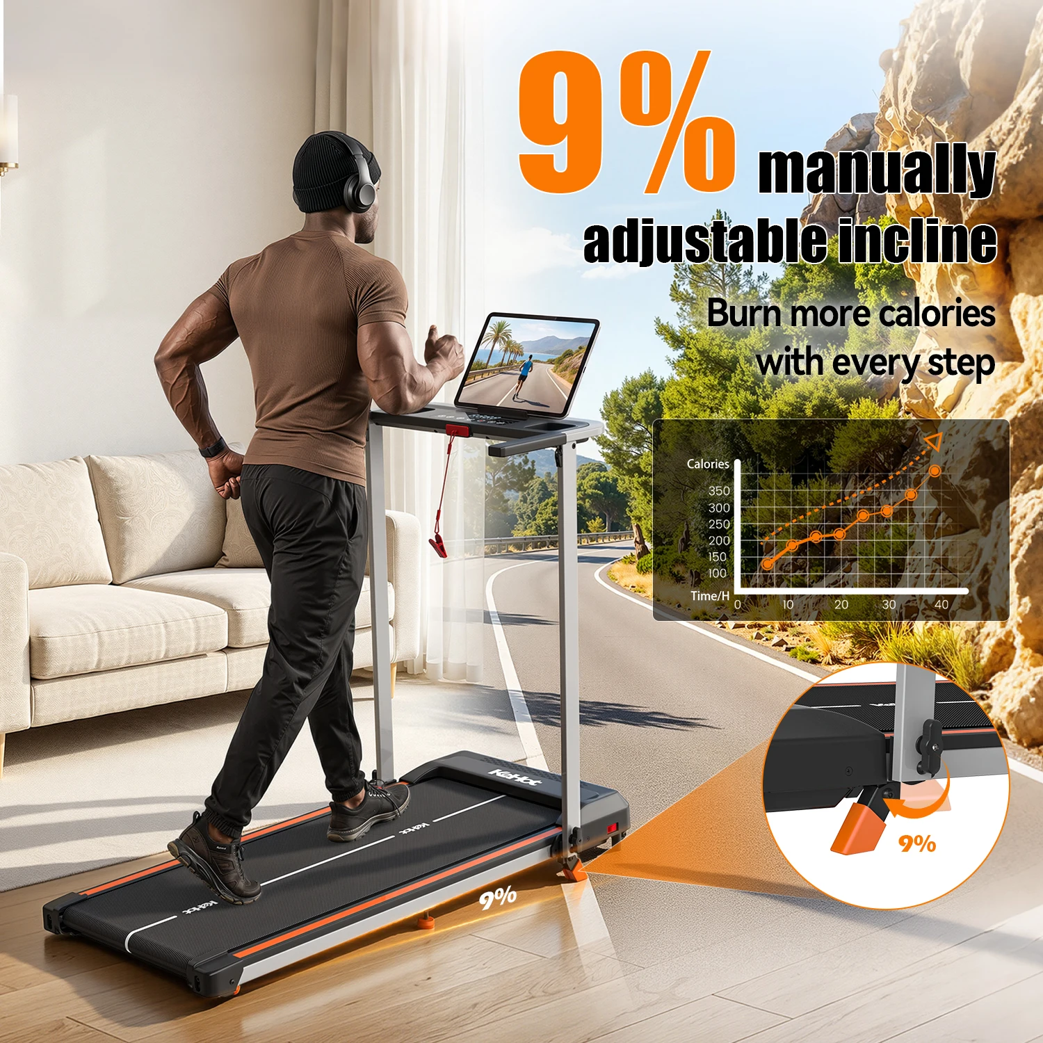 Tapis de course KeHot Home avec application Bluetooth, machine de course pliable 1-12 km/h, compatible avec EQISport/Zwift/Kinomap, écran LED, inclinaison réglable, capacité de 125 kg, tapis de course compact pour cardio.
