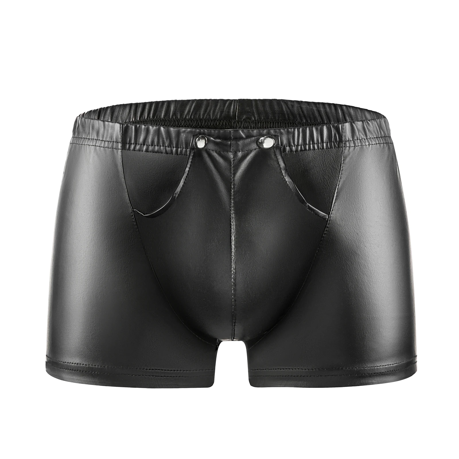 Mens Sexy Button Open Crotch Boxer Soft Matte Leather Short Pants Fetish Lingerie Crotchless Male Hot Porn Bottom Bulge Pouch