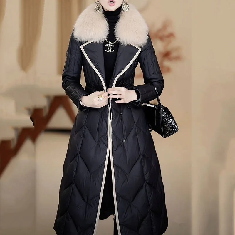 

New High-Grade Women's Down Cotton Coat Winter Thick Imitation Big Fox Fur Collar Padded Jacket Female Snow Long Parker Overcoat