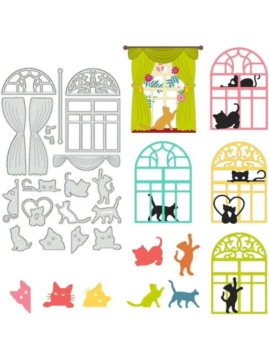 1Sheet Silhouette Cat Cutting Dies Stencil 4.2x6.5inch Window Curtain Carbon Steel Embossing Template for Card Making DIY