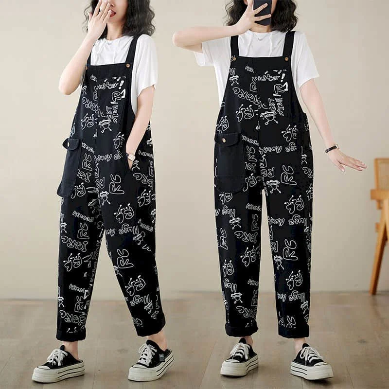 جمبسوت من قماش الدنيم للنساء تصميم حروف سراويلي حريمي فضفاض عالي الخصر بنطلون وزرة للنساء ملابس قطعة واحدة بلايسوت