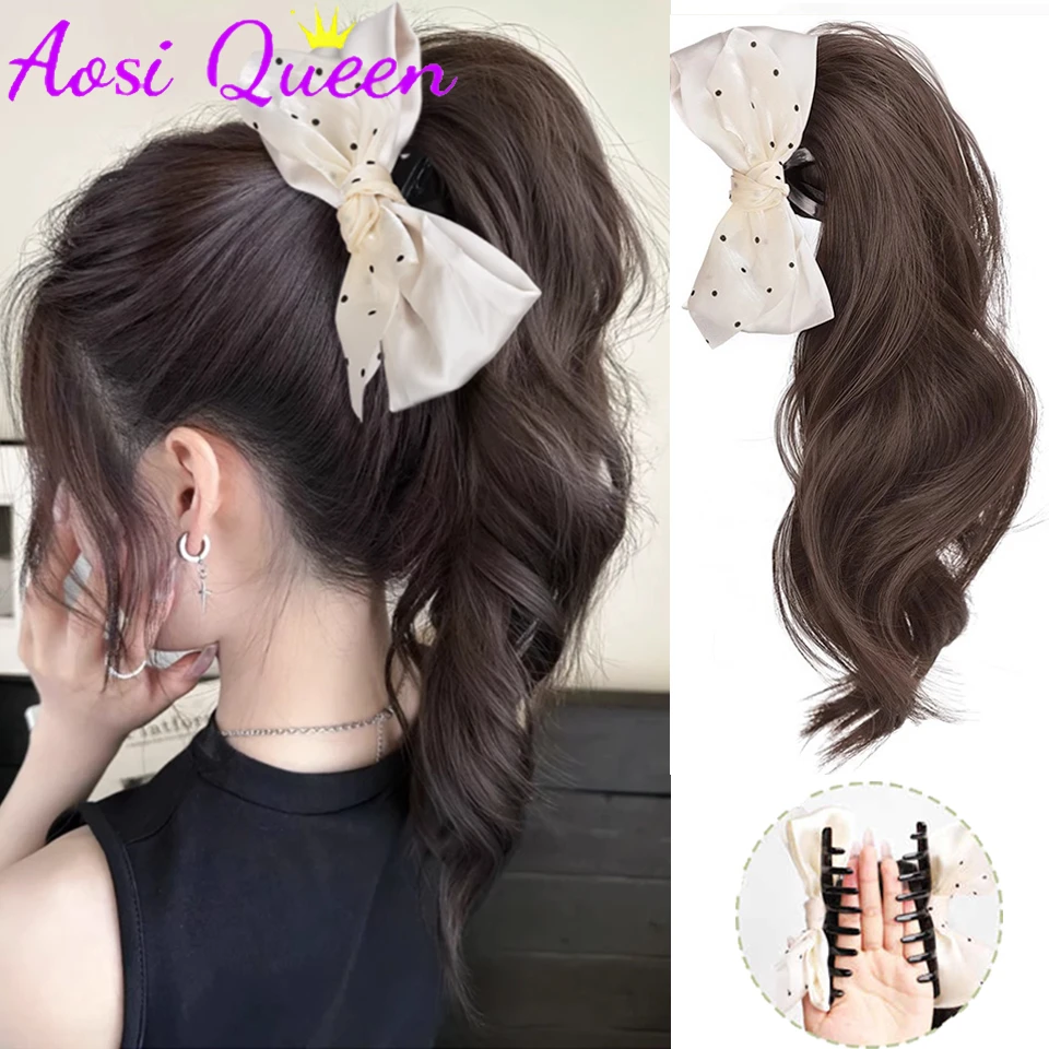 AosiQueen Long Curly White Polka Dot Mesh Bowknot Claw Clip Synthetic Ponytail Wig Suitable for Women Daily