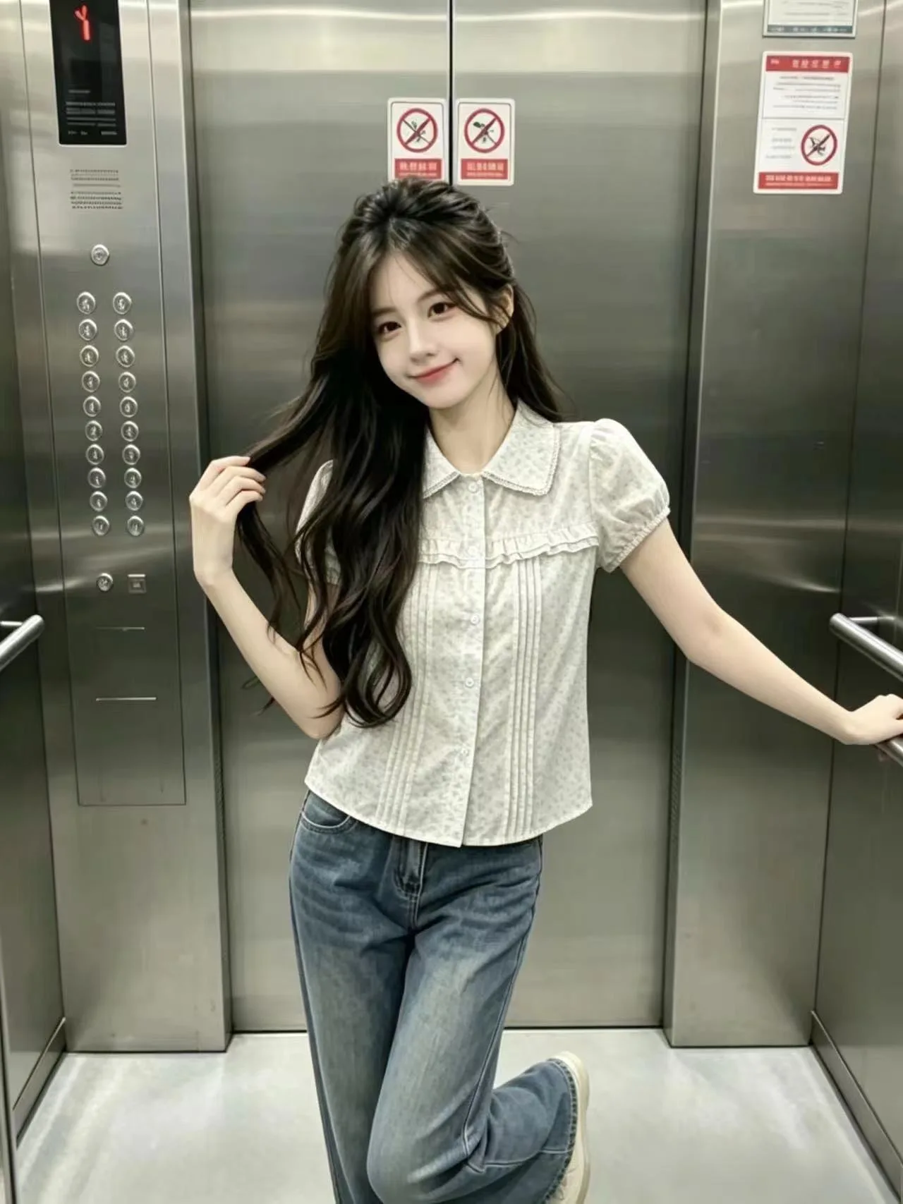 

Korean Style Floral Short Sleeve Shirt Women's Slimming Commute Shirt City Walk Breathable Skin-Friendly Thin Fabric Doll Collar