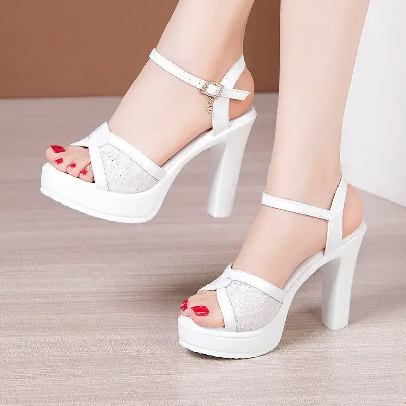 Small Size 32-43 White Red Bling Wedding Shoes Woman Block High Heels Sandals 2024 Summer Women\'s Platform Sandals Office Model