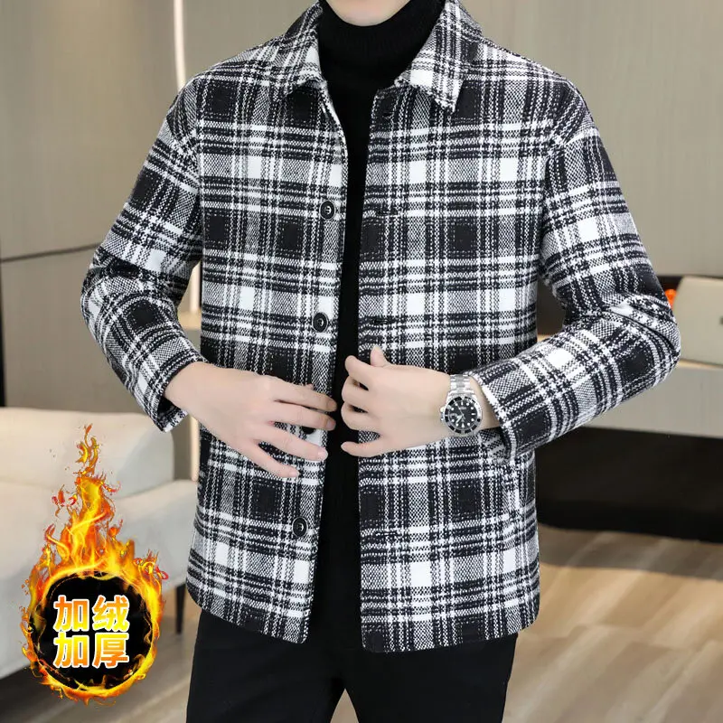 

Зимние хлопковые теплые шерстяные куртки для мужчин, свободные повседневные шерстяные смешанные пальто в Корейском клетку, классическое универсальное уличное пальто