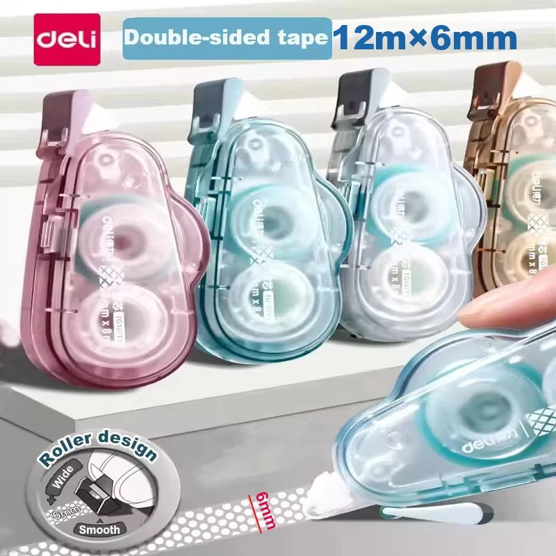 Cinta Adhesiva de Doble Cara Deli de 6 mm x 12 m, Cinta Adhesiva en Rollo para Manualidades, Álbumes de Recortes, Suministros Escolares