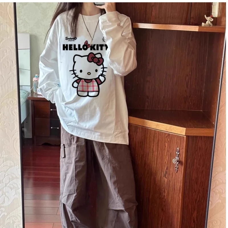 سانريو مرحبا كيتي المرأة تي شيرت Kawaii الكرتون طالب الخريف طويلة الأكمام فضفاضة ملابس علوية من القطن موضة ملابس امرأة جديد #5