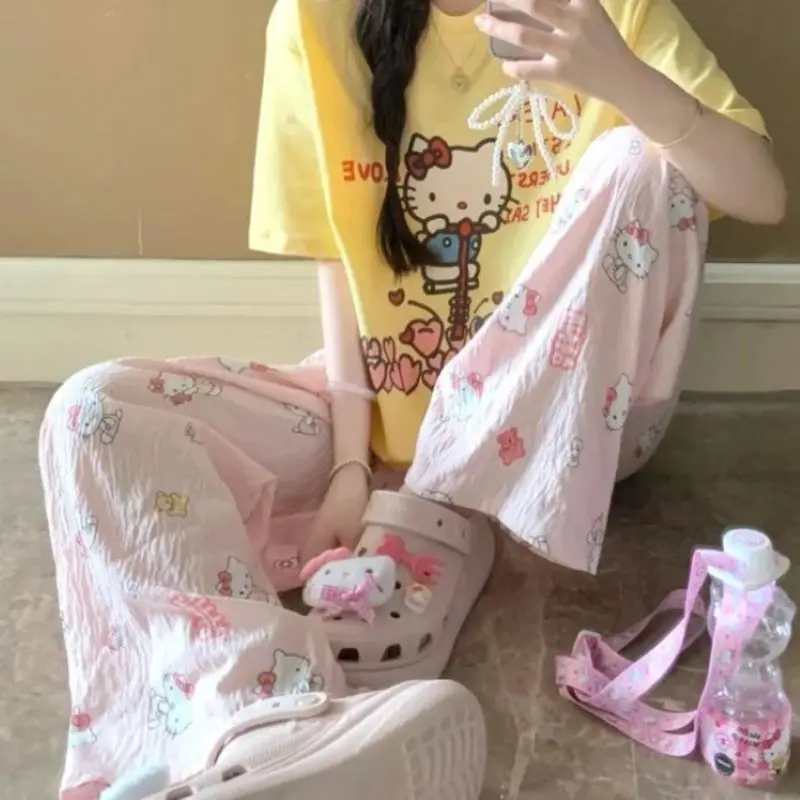 Sanrio Hello Kitty Anime Pajama Pants Cute Spring Wide Leg Pants Kawaii Vintage American Style Cotton Loose Casual Walk Homewear