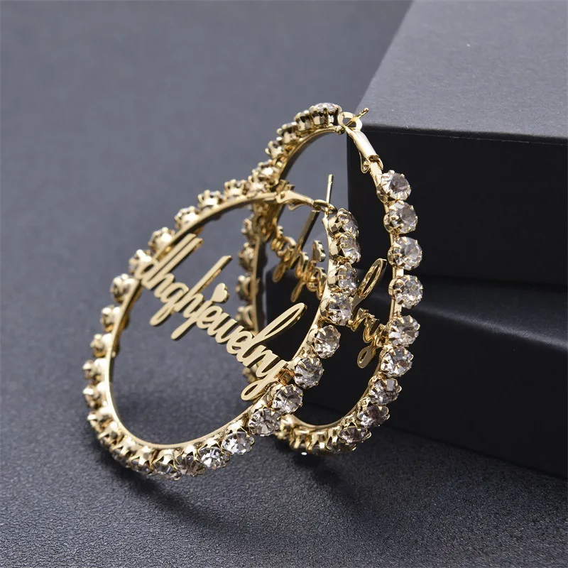 Customized personalized full zircon round ring letter choke ring earrings Customized name stainless steel earrings Women's jewel